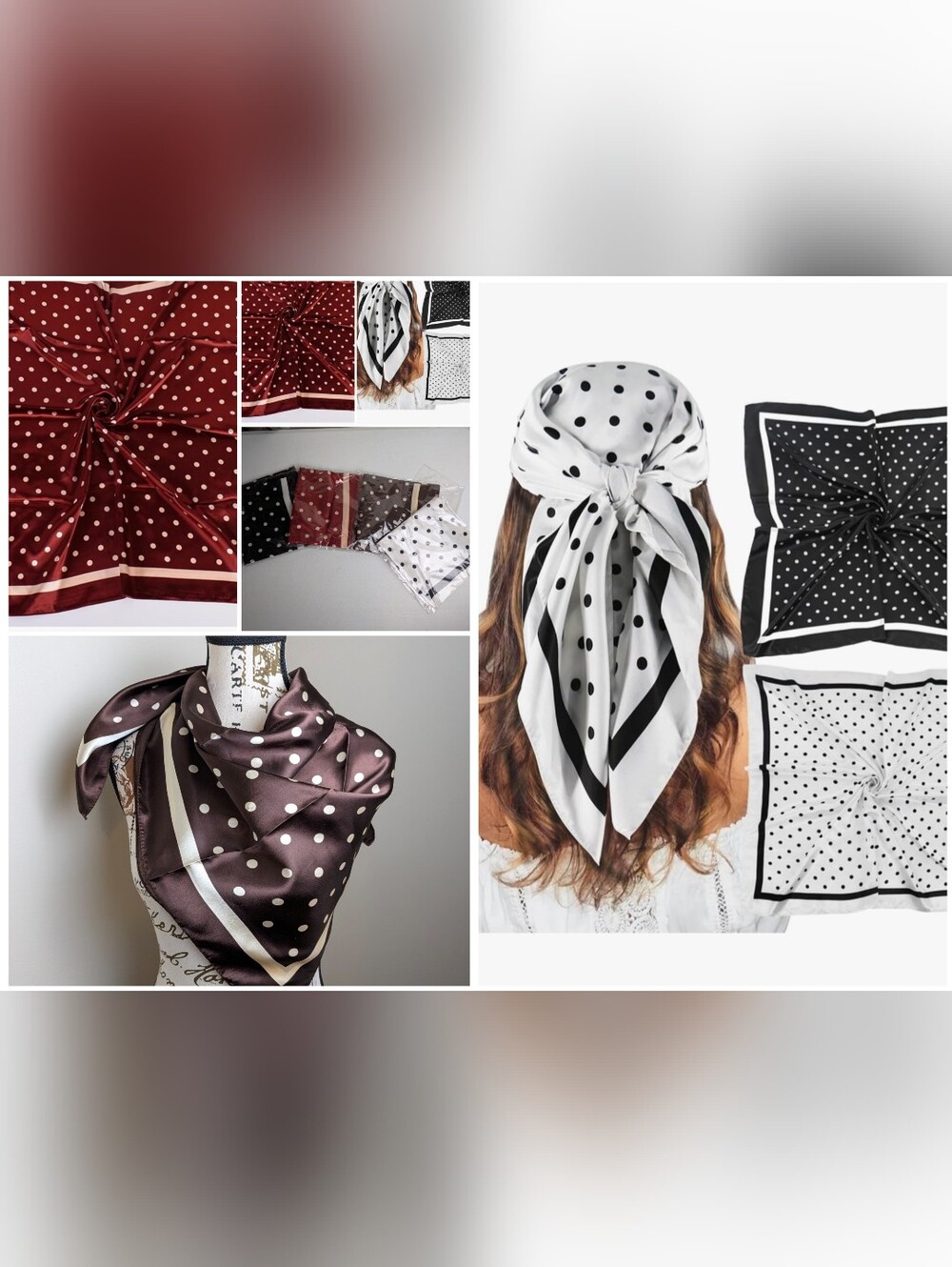 4pc Square Satin Polka Dot Scarf 35" Head Wrap Fashion Neck Scarf Brown Red Mult
